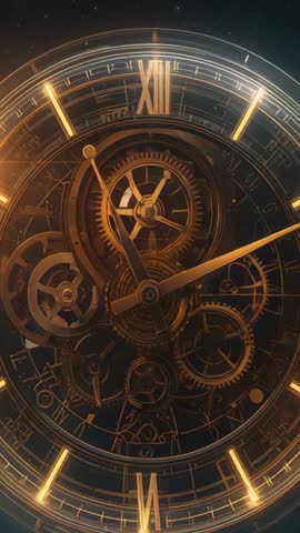 Vertical luxury steampunk clockwork video spinning golden gears and pulsing chronometer