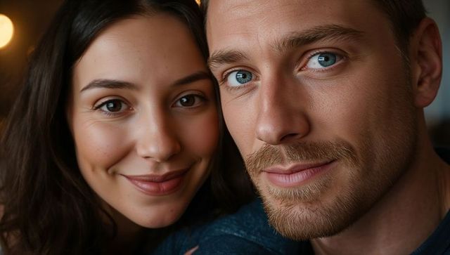 Smiling couple gazing with eye contact, leaning close in intimate warm bokeh portrait