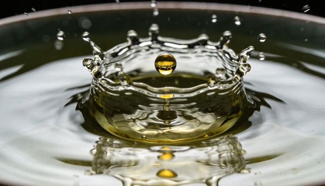 Golden droplet forming crown splash macro with amber reflection and concentric water ripples