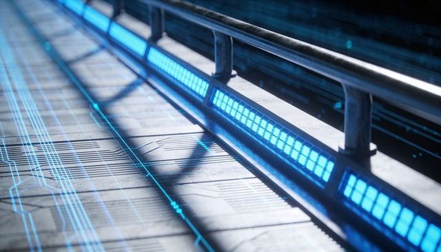 Futuristic led corridor with glowing circuit floor and metallic handrail neon tech walkway