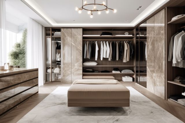 Walk-in closet features marble themes, ample wooden shelving, and elegant lighting fixtures. Ideal for articles or advertisements showcasing modern home interiors, storage solutions, or luxury living spaces.