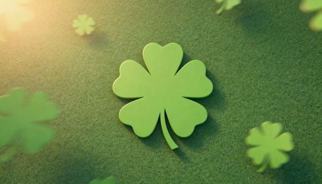 Lucky four-leaf clover cutout on green felt with warm sun flare for st patrick designs