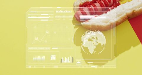 Displaying hot dog with ketchup and mustard on bright yellow background with futuristic hud overlay