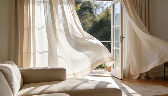 Sunlit sheer curtains billowing through open french doors over cozy beige chaise