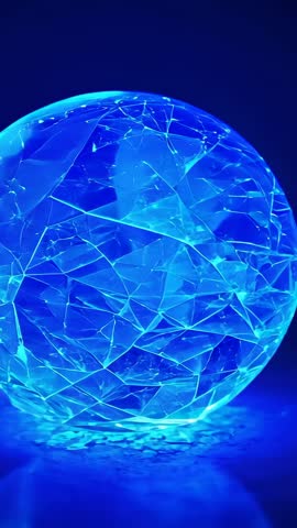Rotating Crystal Sphere Pulsing Neon Blue Cracks Reflective Surface Futuristic Vertical Loop