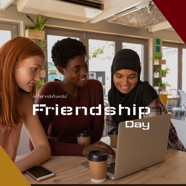 Image shows three young women of different ethnic backgrounds sitting together, smiling, and looking at a laptop while enjoying coffee. Ideal for use in campaigns promoting diversity, social connections, and international events like International Friendship Day. Can be used in social media posts, blogs, and marketing materials emphasizing multiculturalism and unity.