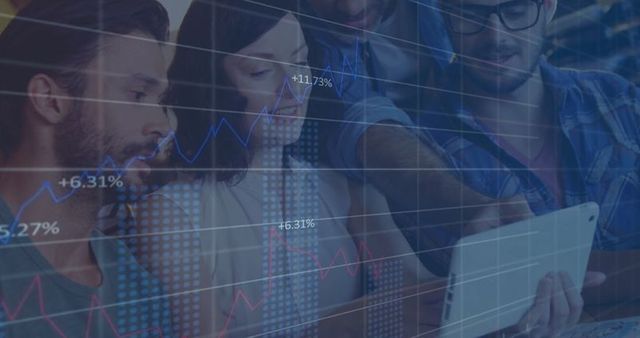 Team Reviewing Financial Data with Digital Charts on Tablet