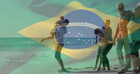 Multigenerational family walking along brazilian beach with flag overlay for vacation and travel