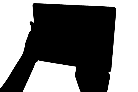 Illustration of human hands holding tablet silhouette against transparent background. Perfect for design use in technology brochures, user guides, educational resources, or as placeholder in mock-ups highlighting digital interactions.