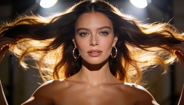 Backlit glamour portrait of model with flowing hair, luminous skin and gold hoop earrings