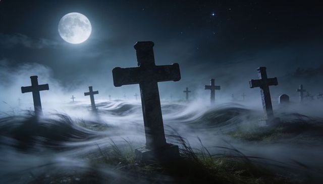 Moonlit foggy cemetery with weathered stone crosses and drifting mist under full moon