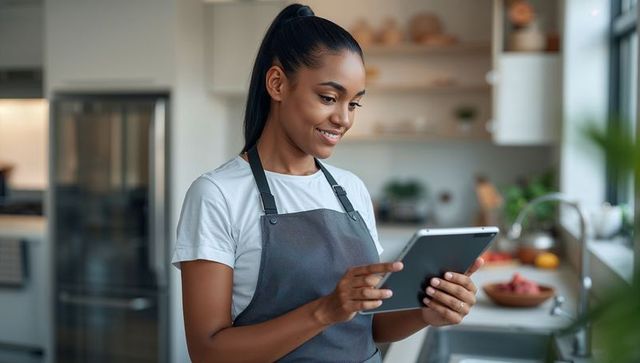 Smiling cook with tablet in modern kitchen exploring new recipe