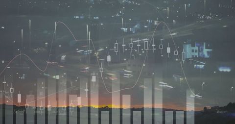 Digital Stock Market Chart Overlaying Dusk Cityscape