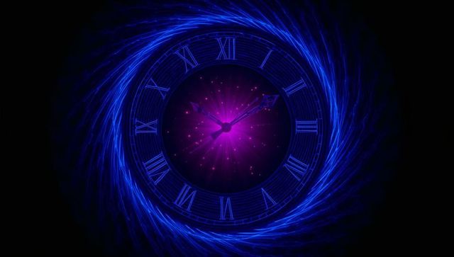 Futuristic Analog Clock with Roman Numerals in Cosmic Blue Vortex