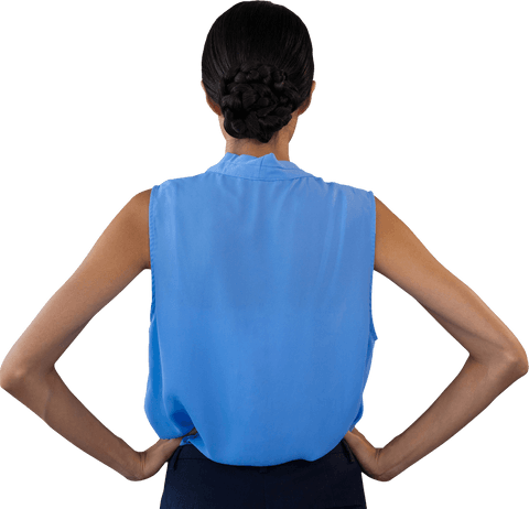 Transparent Businesswoman From Behind in Blue Top Hands on Hips