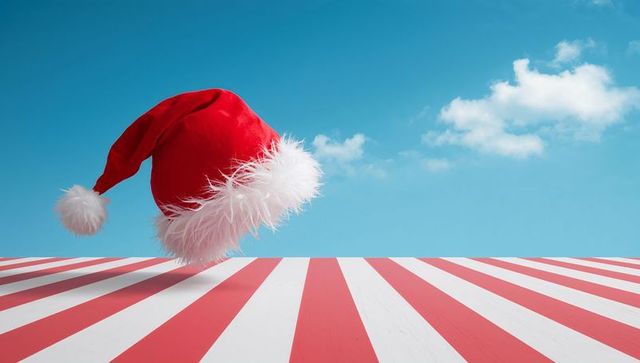 Floating santa hat over candy cane striped platform casting shadow under blue sky