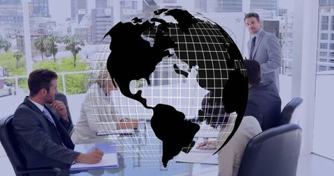 Business Meeting in Modern Office with Globe Graphic Overlay - Download Free Stock Images Pikwizard.com