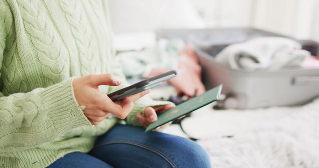 Woman Booking Travel Online While Sitting Near Suitcase - Download Free Stock Images Pikwizard.com