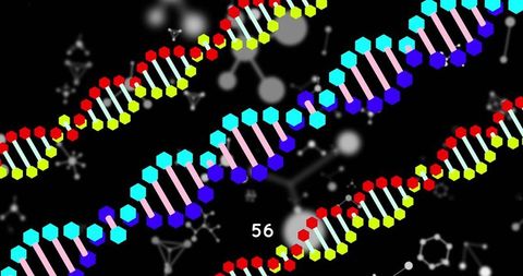 Colorful dna helices spinning against molecular structures