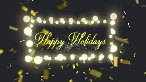 Festive Happy Holidays Text with Confetti and Fairy Lights