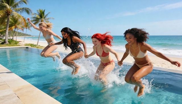 Jumping friends holding hands splashing in infinity pool by tropical beach summer vacation