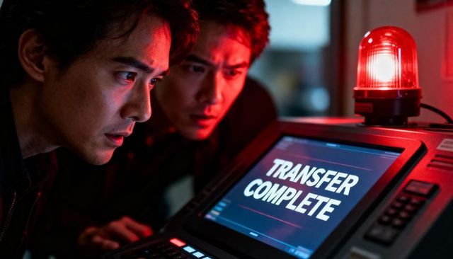 Two technicians monitoring transfer complete alert on control console with red beacon