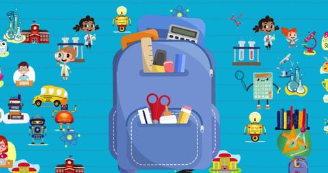 Bright Colorful Education Themed Background with Backpack and School Supplies