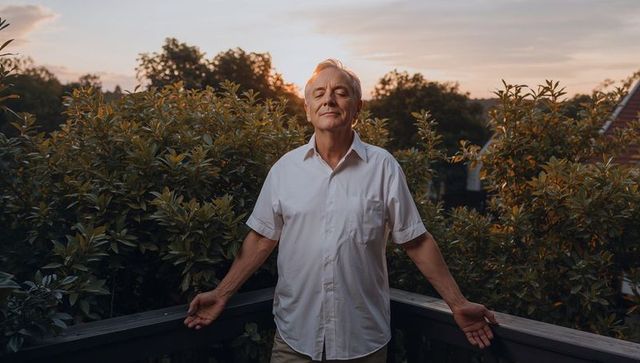 Senior man standing on balcony at sunset practicing mindful breathing and calm