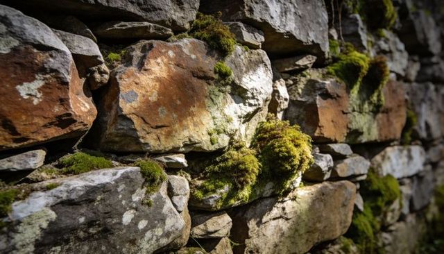 Weathered dry-stacked stone wall with moss and lichen, rustic textured rock boundary