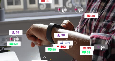 Man Interacting with Smartwatch Using Social Media Interface