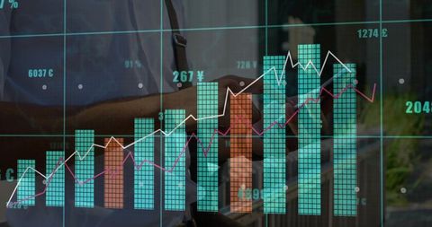 Futuristic financial dashboard viewed over cityscape reflection