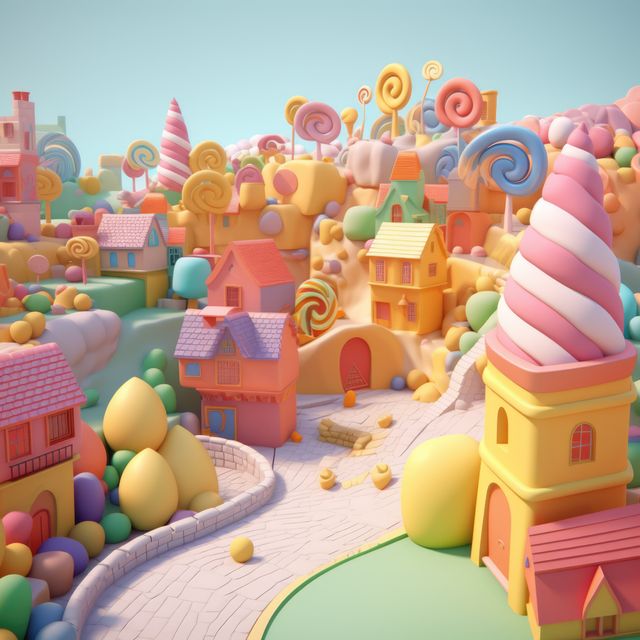 Fantasy Candyland Village bursting with colorful houses and candy trees, offering a whimsical and vibrant atmosphere. Ideal for use in children’s storybooks, fantasy art displays, or creative advertising campaigns targeting a playful and imaginative audience.