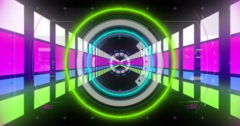 Neon Data Corridor with Futuristic Scanner Interface