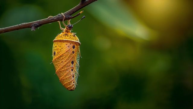 Ornate golden chrysalis hanging on twig with intricate lattice pattern and morning dew