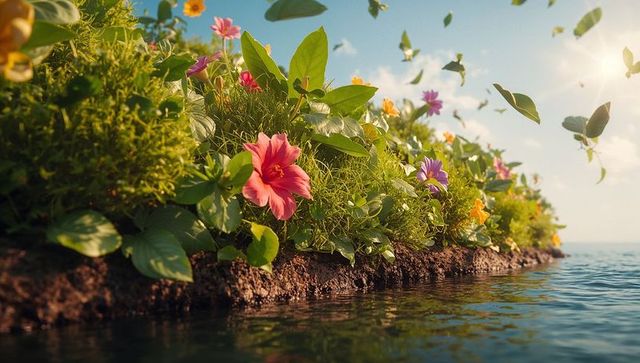 Vibrant floating garden above serene lake waters