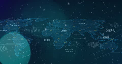 Digital Interface Displaying Global Data Network on World Map