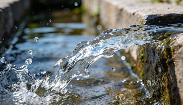 Sunlit water flowing over stone channel forming sparkling arc, splash and reflections