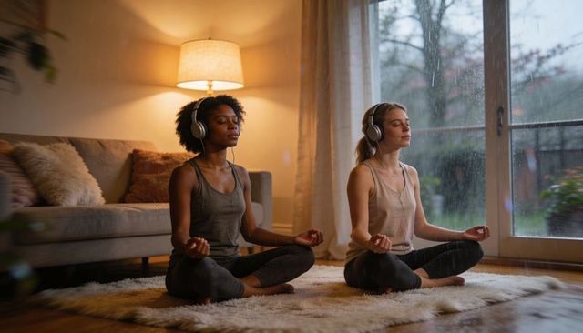 Meditating together wearing headphones in cozy living room with rain falling outside