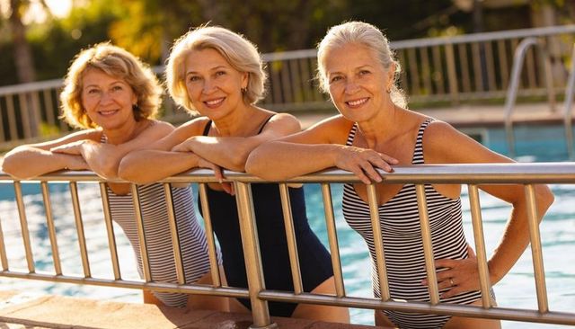 Senior women leaning on pool railing smiling and relaxing in one-piece swimsuits at sunset