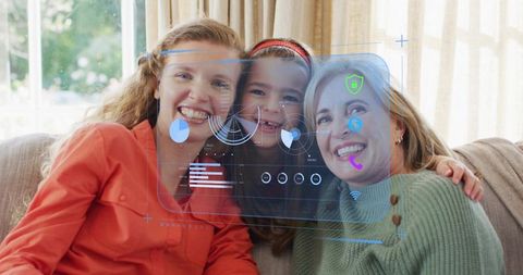 Three-generation family enjoying augmented reality together on cozy living room sofa
