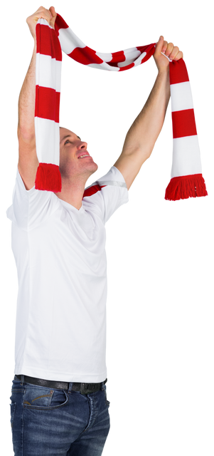 Cheering Football Fan with Red and White Scarf on Transparent Background - Download Free Stock Videos Pikwizard.com