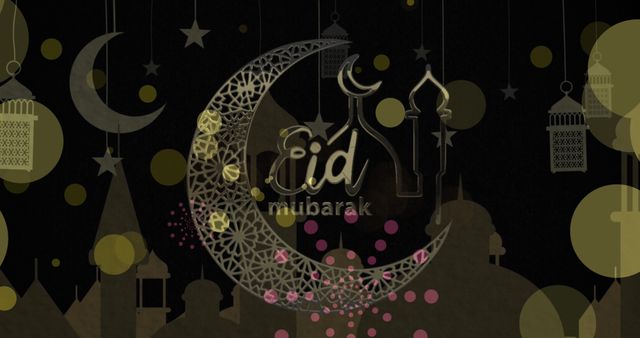 Eid Mubarak Greeting with Abstract Moons and Mosque Silhouettes - Download Free Stock Images Pikwizard.com