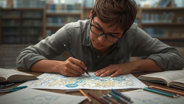 Focused student drawing detailed map at study table, cartography sketching with pencils and books