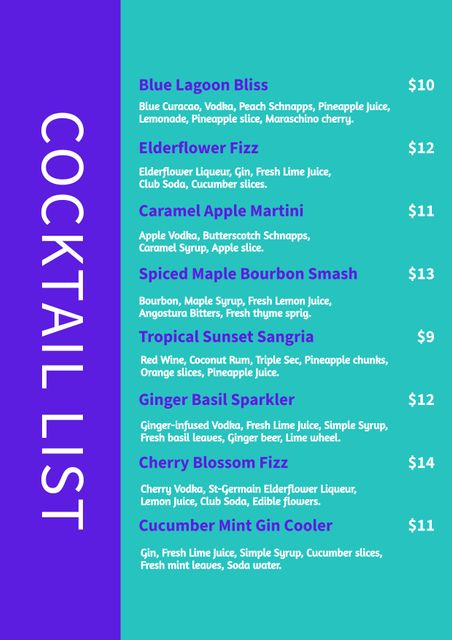 Perfect for bars, restaurants, and events looking for a lively and colorful drink menu. This vibrant cocktail menu with various mixed drink options adds a fun and festive touch to any celebration or gathering. Great for weddings, corporate events, and party planners seeking an attractive drinks display.