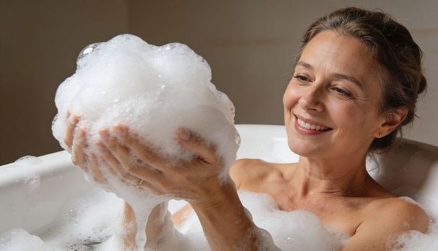 Smiling middle-aged woman holding foam heap in bathtub, enjoying relaxing self-care moment