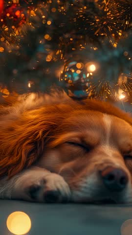 Sleeping Dog Resting Under Christmas Tree with Silver Bauble and Warm Bokeh Lights