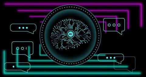 Neon ai neural hub with glowing circuit brain, chat bubbles and cyberpunk interface