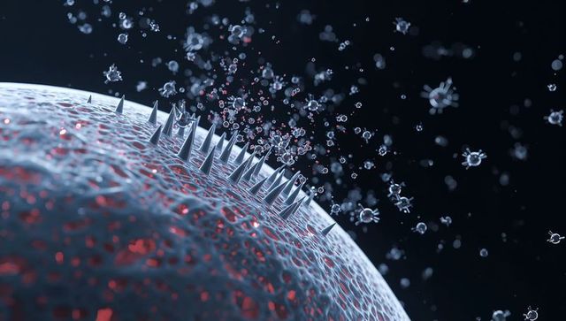 Spiked nanoscale virus particle releasing viral proteins with luminescent membrane detail