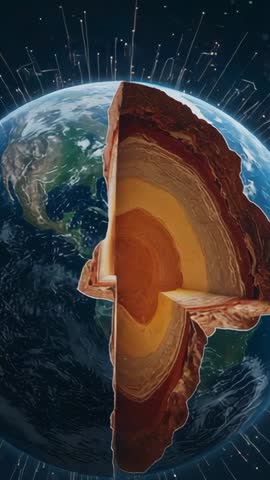 Rotating Earth Cross-Section Revealing Planetary Layers with Data Lines Vertical Video