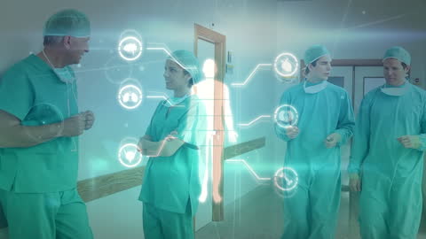 Digital Data Overlay on Doctors in Hospital Corridor